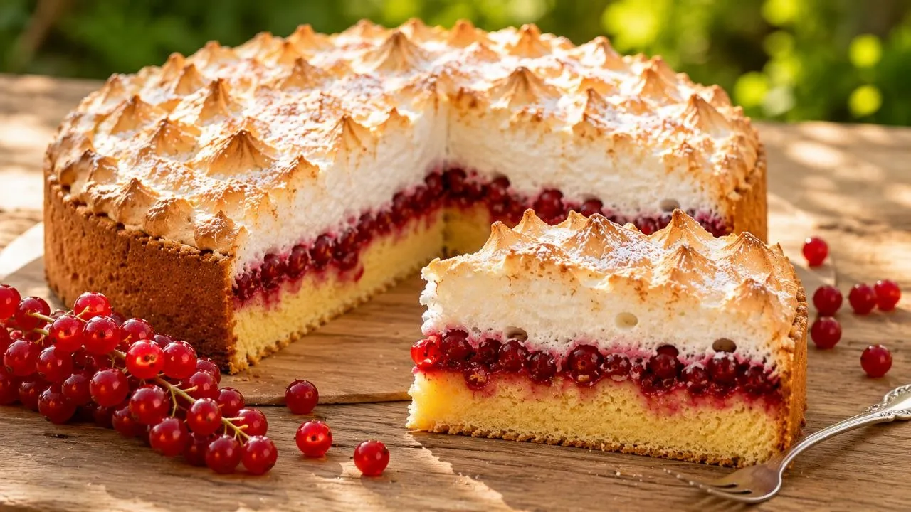Angeschnittener Johannisbeerkuchen mit Baiserhaube und frischen roten Johannisbeeren.

