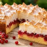 Johannisbeerkuchen mit Baiserhaube aus saftigem Vanille-Rührteig mit frischen roten Johannisbeeren und goldbraun gebackener Baiserhaube.