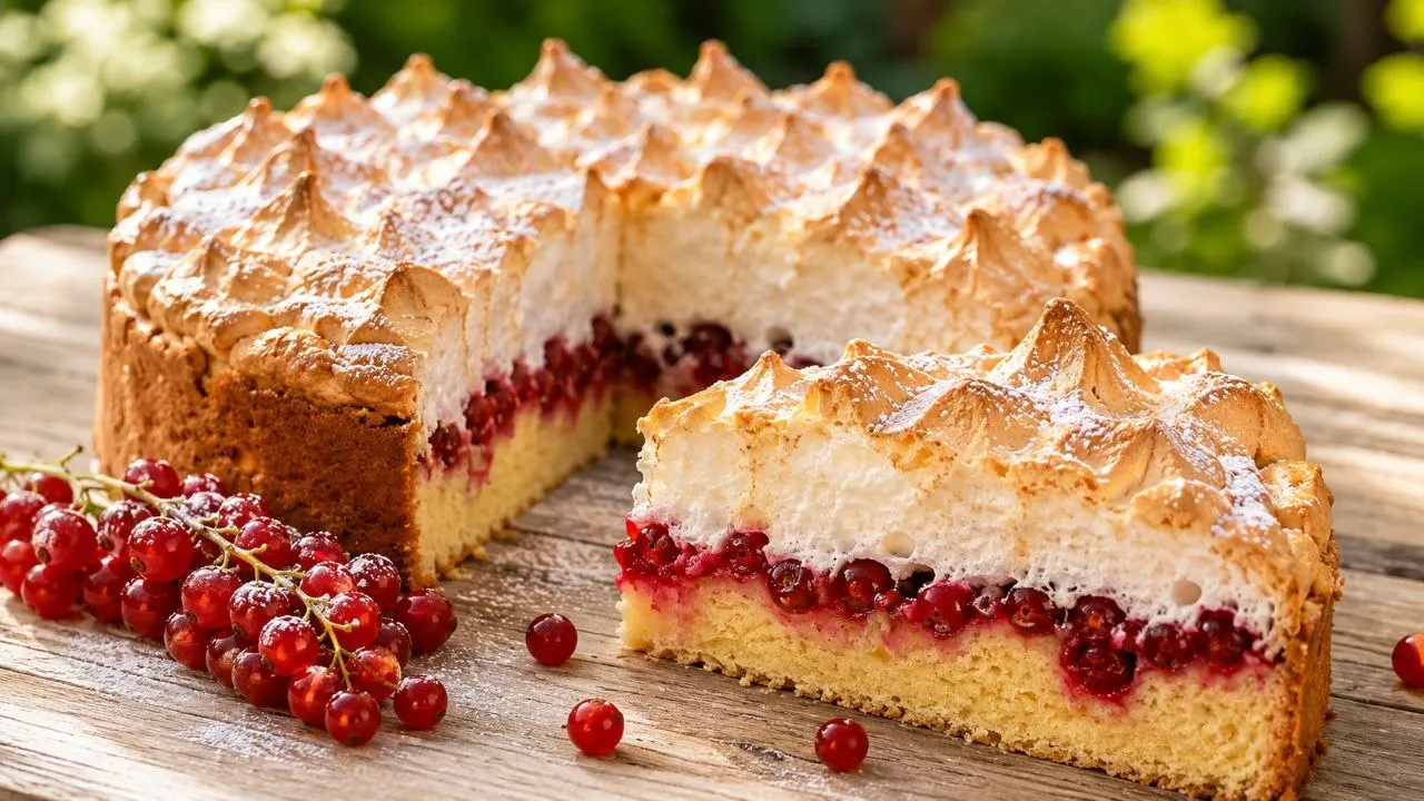 Johannisbeerkuchen mit Baiserhaube aus saftigem Vanille-Rührteig mit frischen roten Johannisbeeren und goldbraun gebackener Baiserhaube.