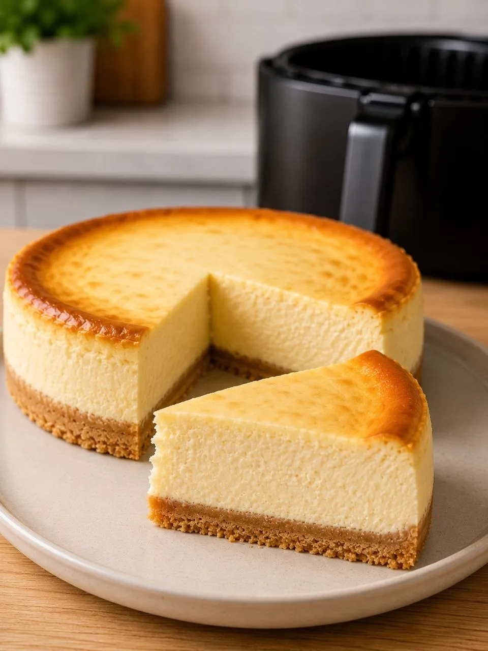 Käsekuchen aus dem Airfryer mit großem Stück im Vordergrund, cremiger Füllung und sichtbarem Keksboden