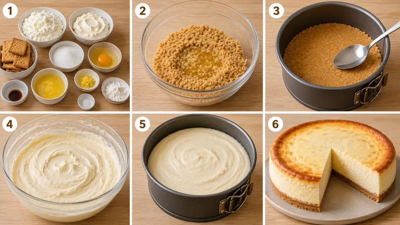 Schritt-für-Schritt Zubereitung für Käsekuchen aus dem Airfryer mit Zutaten, Keksboden, cremiger Füllung und fertigem Kuchen