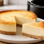 Kleiner Käsekuchen aus dem Airfryer mit Keksboden, cremiger Füllung und angeschnittenem Stück auf einem weißen Teller