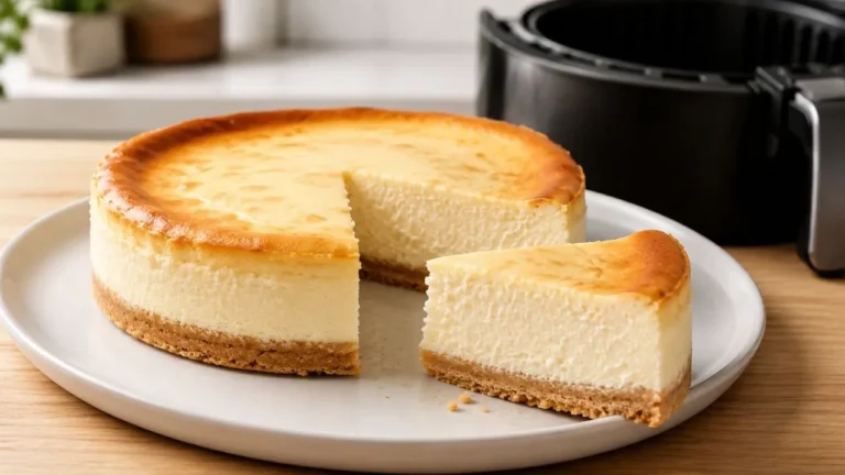Kleiner Käsekuchen aus dem Airfryer mit Keksboden, cremiger Füllung und angeschnittenem Stück auf einem weißen Teller
