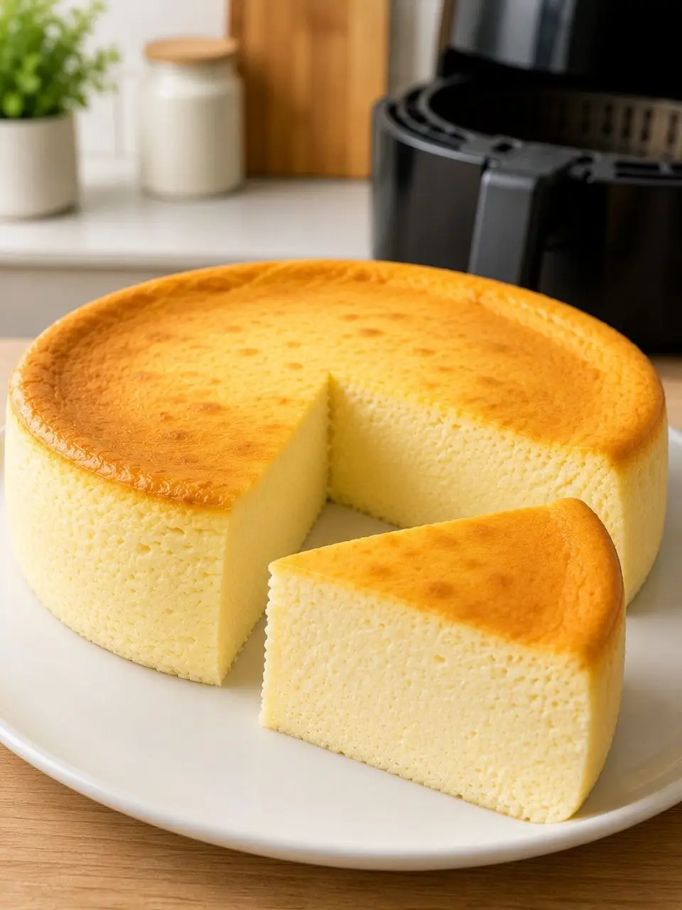 Käsekuchen ohne Boden aus dem Airfryer mit großer Scheibe im Vordergrund, cremiger heller Füllung und goldener Oberfläche