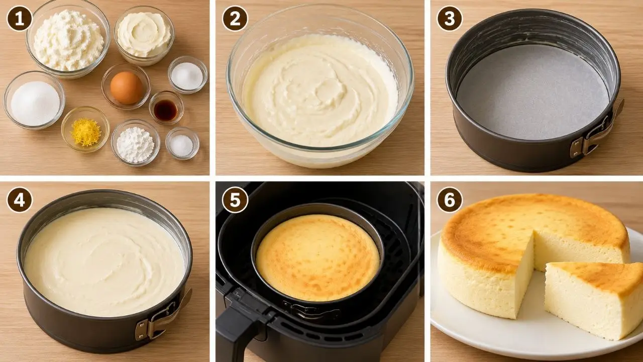 Schritt-für-Schritt Zubereitung für Käsekuchen ohne Boden aus dem Airfryer mit Zutaten, cremiger Masse, Springform und fertigem Kuchen