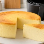 Kleiner Käsekuchen ohne Boden aus dem Airfryer mit cremiger heller Füllung und angeschnittenem Stück auf einem weißen Teller