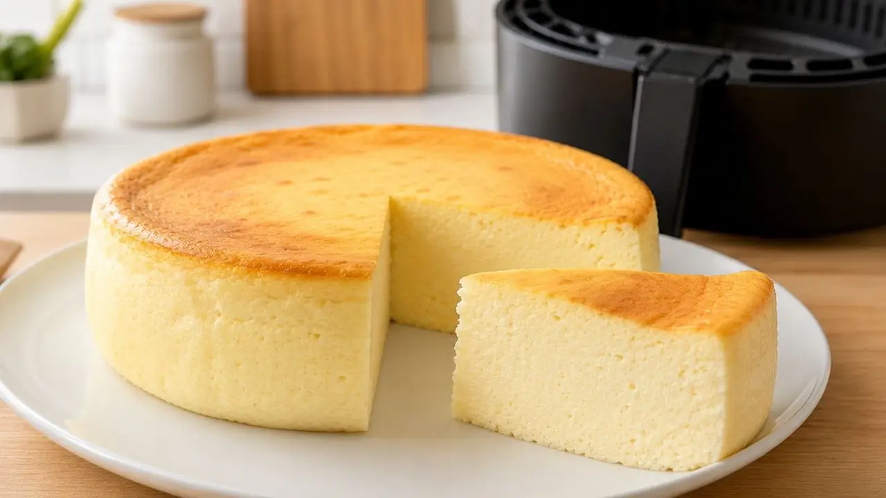 Kleiner Käsekuchen ohne Boden aus dem Airfryer mit cremiger heller Füllung und angeschnittenem Stück auf einem weißen Teller