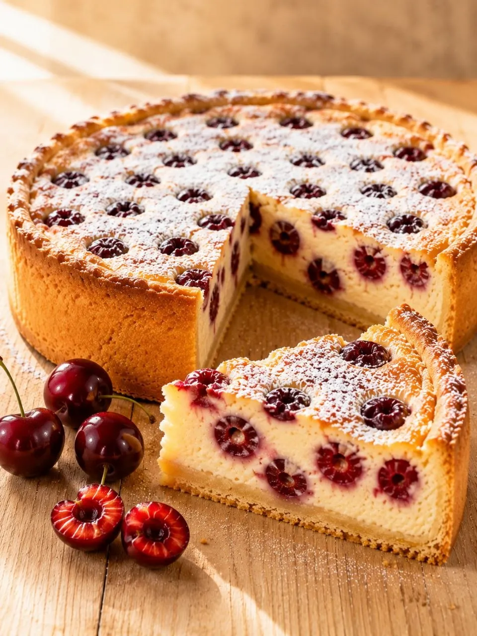 Hausgemachter Kirsch Quark Kuchen mit cremiger Quarkfüllung und saftigen Kirschen