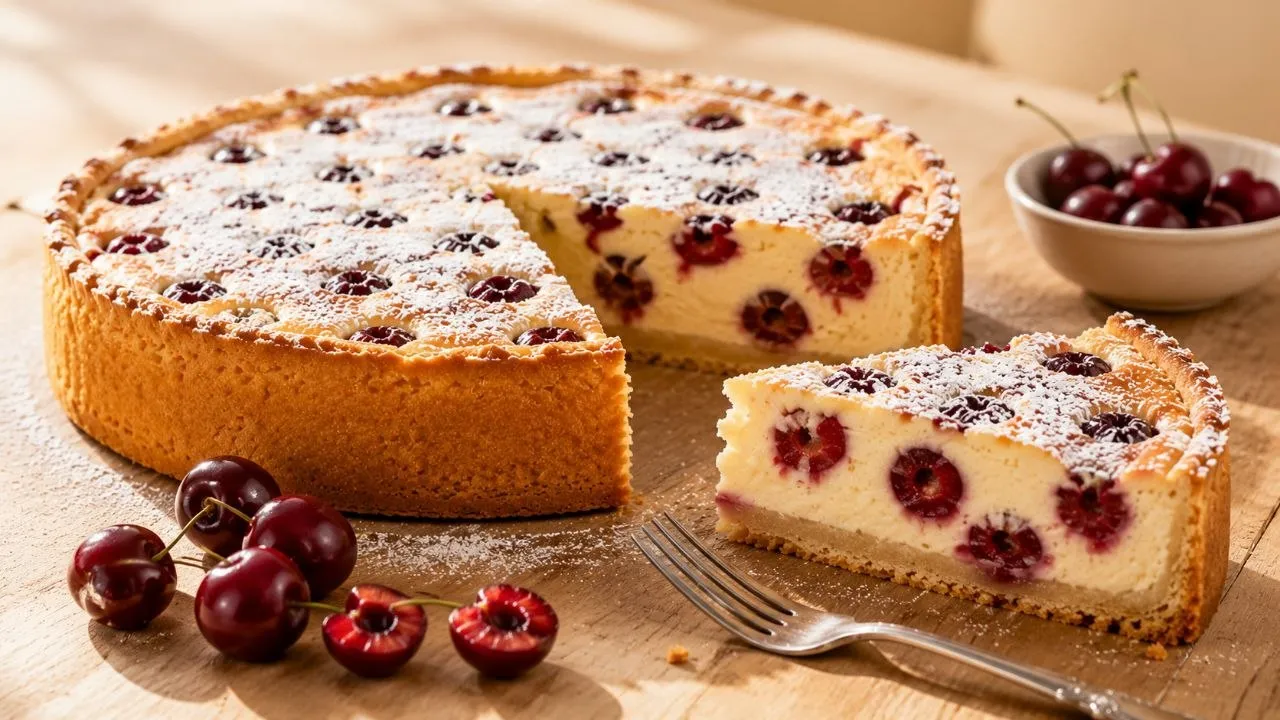 Kirsch Quark Kuchen mit cremiger Quarkfüllung und saftigen Kirschen im Anschnitt