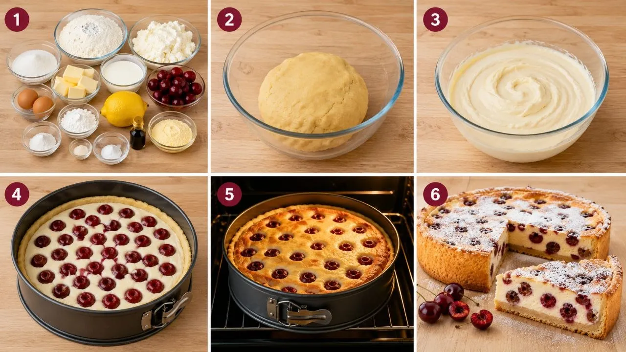 Schritt-für-Schritt Zubereitung für Kirsch Quark Kuchen von den Zutaten bis zum fertigen Kuchen