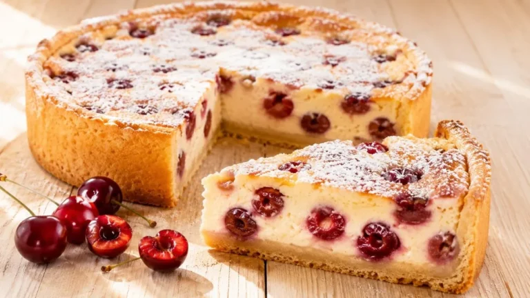 Kirsch Quark Kuchen mit cremiger Quarkfüllung, saftigen Kirschen und goldgelbem Mürbeteigboden