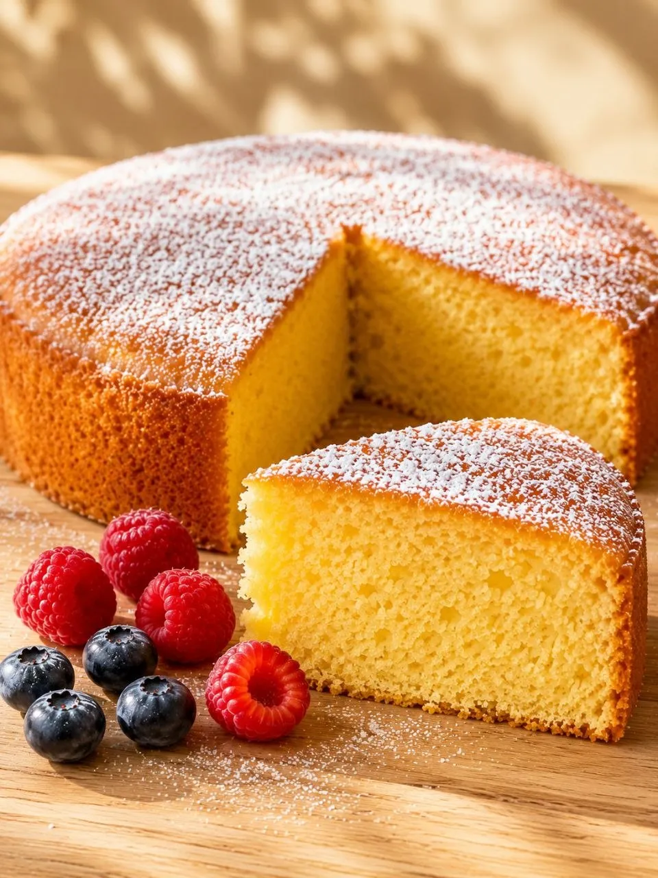 Hausgemachter Kuchen mit Buttermilch mit lockerer goldgelber Krume.
