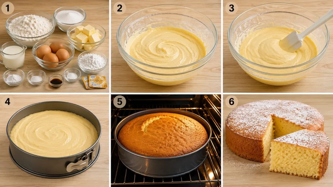 Schritt-für-Schritt Zubereitung für einen saftigen Kuchen mit Buttermilch.
