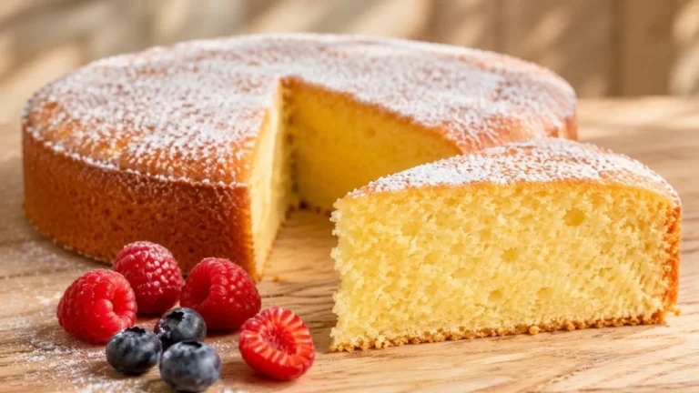 Saftiger Kuchen mit Buttermilch mit lockerer goldgelber Krume und feinem Puderzucker.
