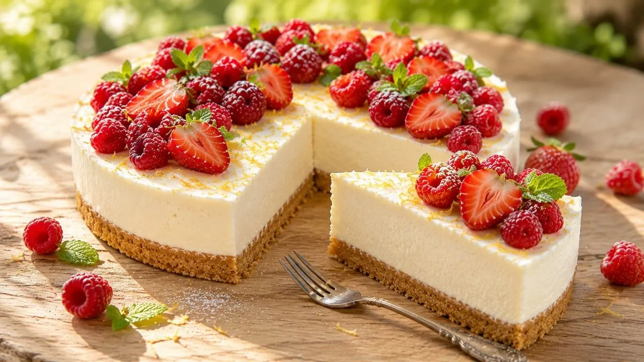 Angeschnittene Philadelphia Torte ohne Backen mit frischen Erdbeeren und Himbeeren.