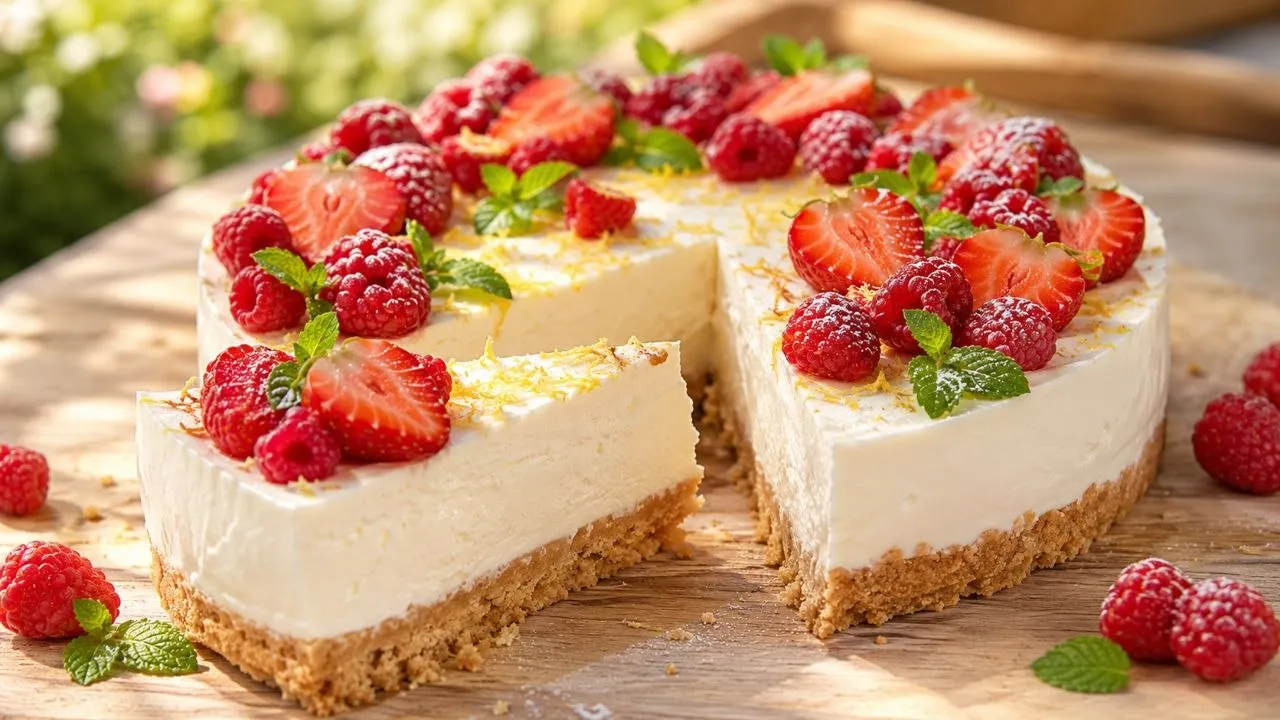 Philadelphia Torte ohne Backen mit cremiger Frischkäsefüllung und knusprigem Butterkeksboden.
