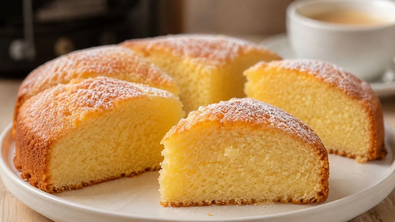Mehrere Scheiben Airfryer Kuchen mit heller saftiger Krume und goldener Oberfläche auf einem weißen Teller
