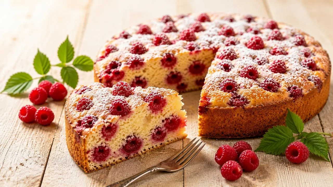 Saftiger Himbeerkuchen mit lockerer Rührteigkrume und frischen Himbeeren.