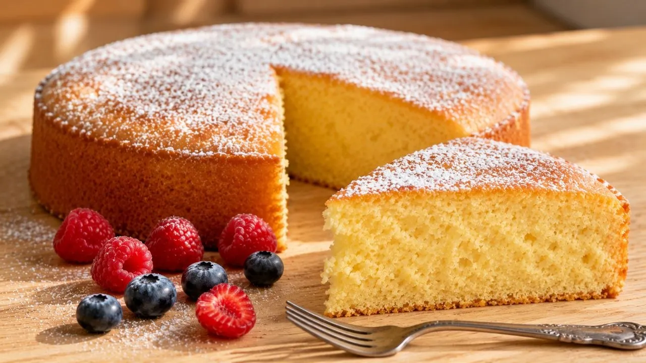 Saftiger Kuchen mit Buttermilch mit lockerer Krume und feinem Puderzucker.
