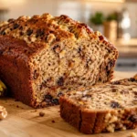 Saftiges Bananenbrot mit Walnüssen und reifen Bananen auf einem Holzbrett