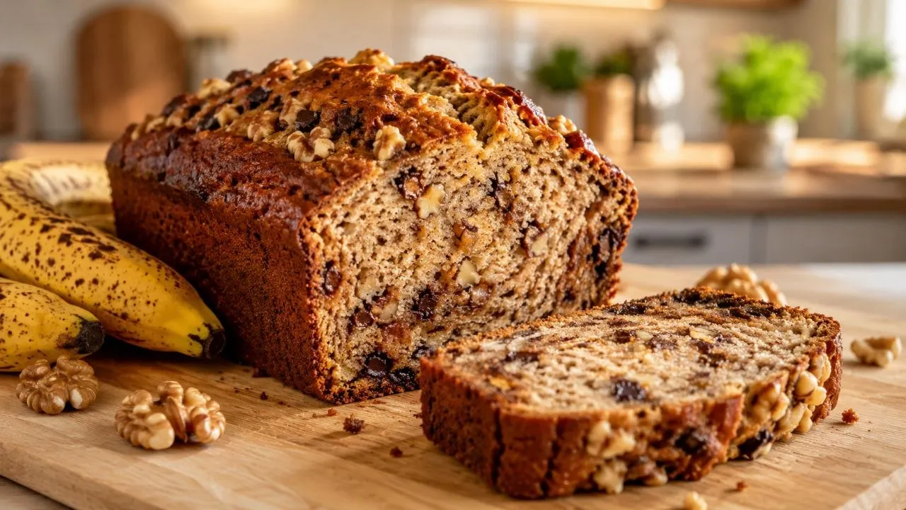 Saftiges Bananenbrot mit Walnüssen und reifen Bananen auf einem Holzbrett
