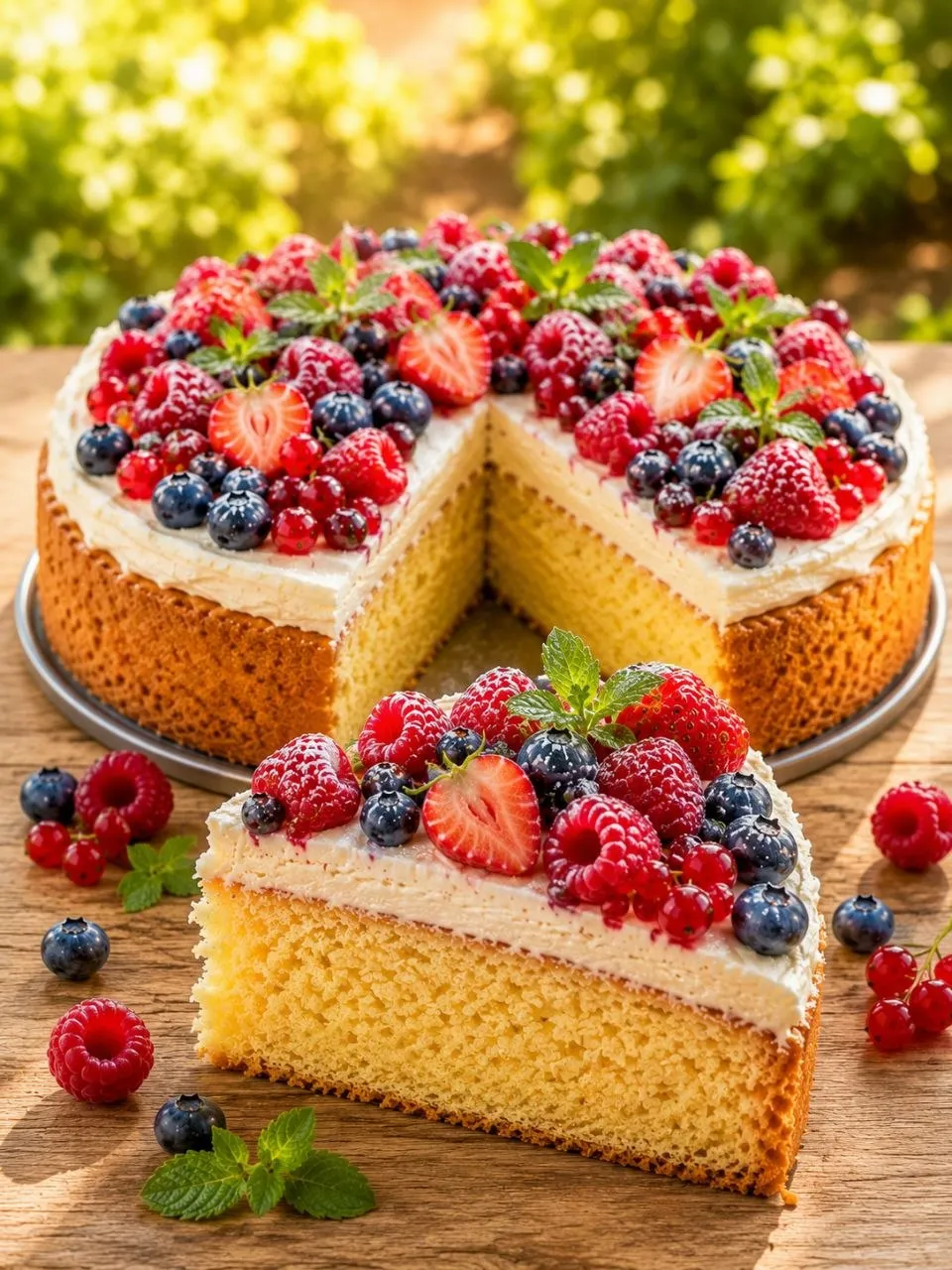 Hausgemachter Sommerkuchen mit Vanillecreme und frischen Sommerbeeren.