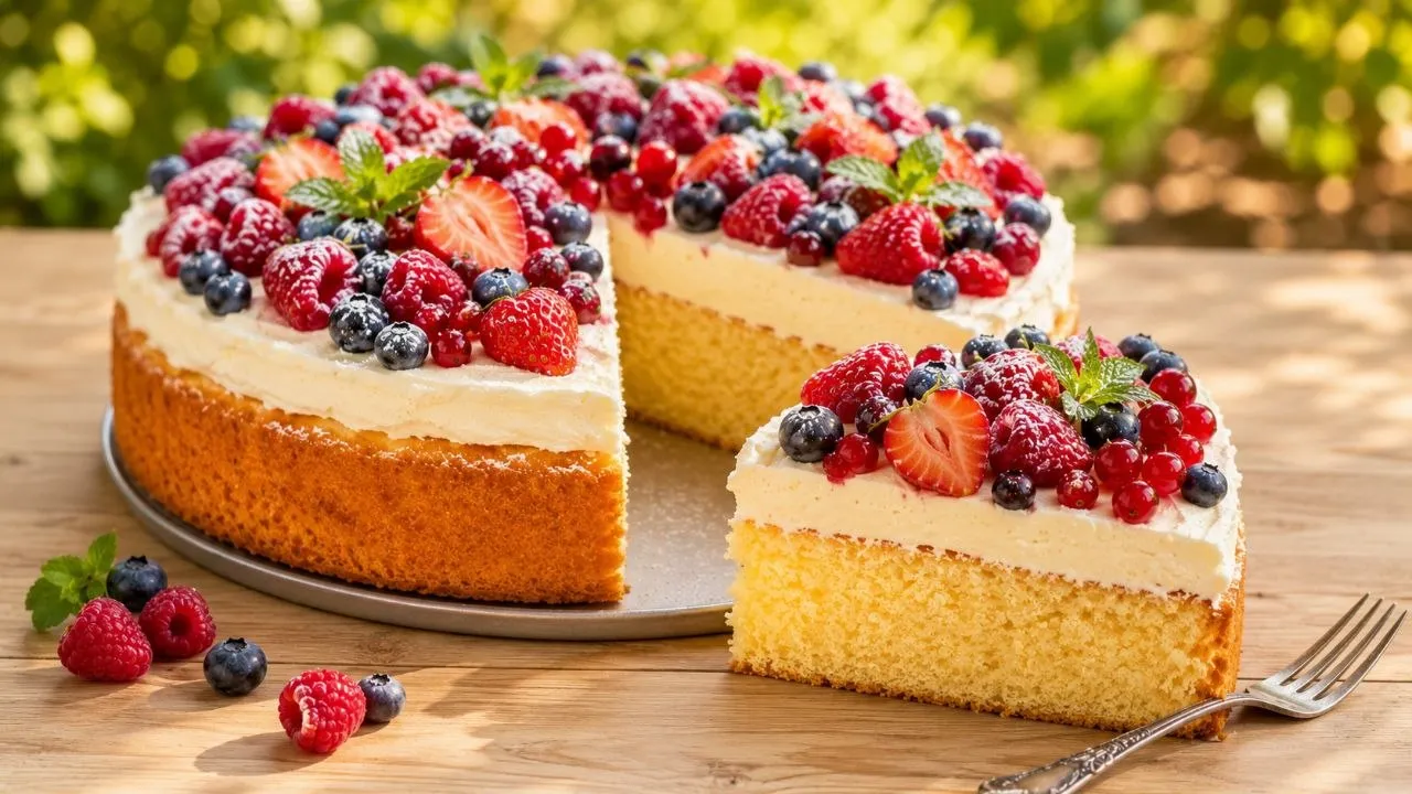 Angeschnittener Sommerkuchen mit Vanillecreme und frischen Sommerbeeren.