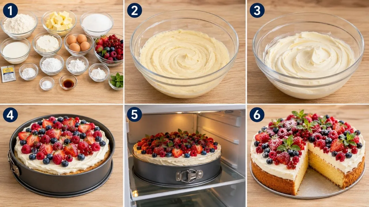 Schritt-für-Schritt Zubereitung für einen hausgemachten Sommerkuchen.