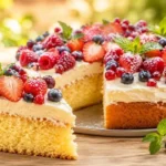 Sommerkuchen mit lockeren Vanille-Rührteig, cremiger Vanillecreme und frischen Sommerbeeren.