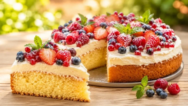 Sommerkuchen mit lockeren Vanille-Rührteig, cremiger Vanillecreme und frischen Sommerbeeren.