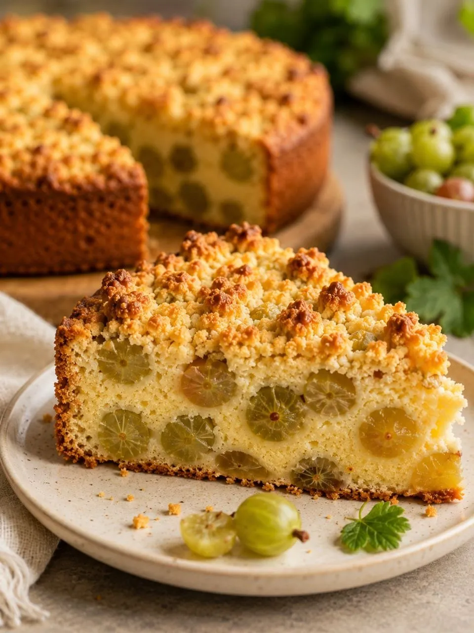 Stachelbeerkuchen mit frischen Stachelbeeren und Butterstreuseln