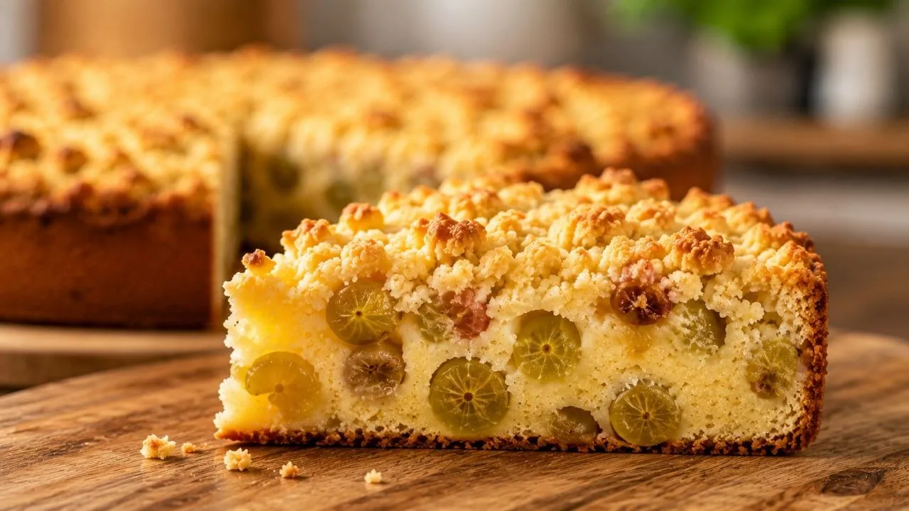 Anschnitt eines saftigen Stachelbeerkuchens mit Butterstreuseln