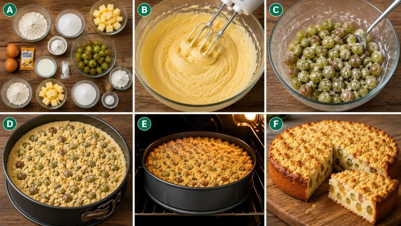 Stachelbeerkuchen Schritt für Schritt mit Rührteig, Stachelbeeren und Butterstreuseln