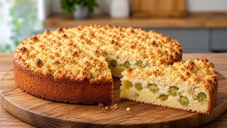 Saftiger Stachelbeerkuchen mit knusprigen Butterstreuseln und frischen Stachelbeeren