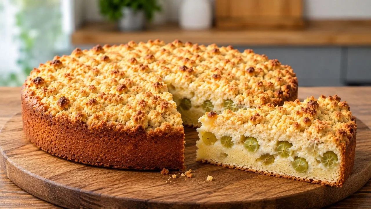 Saftiger Stachelbeerkuchen mit knusprigen Butterstreuseln und frischen Stachelbeeren
