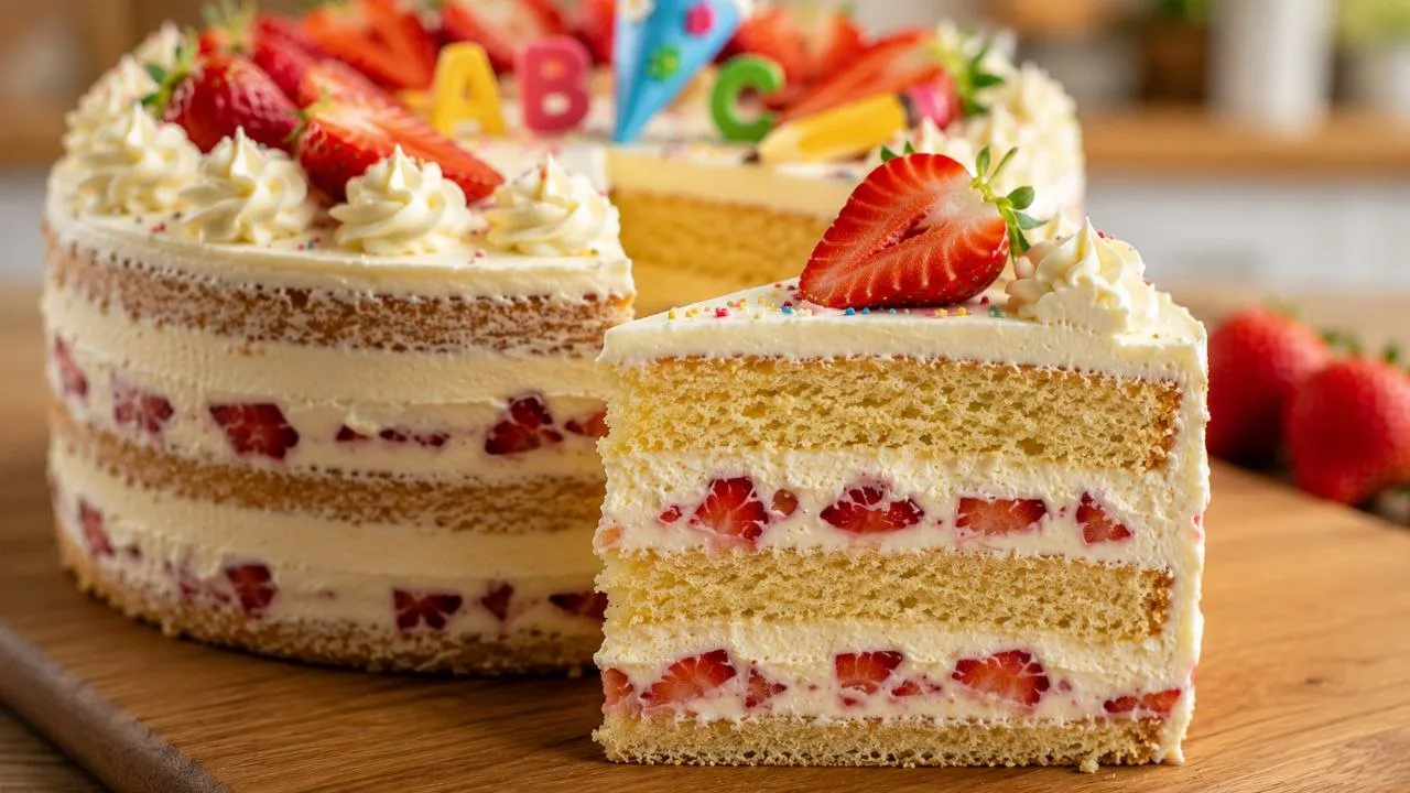 Anschnitt einer Torte Schulanfang mit Mascarpone-Vanillecreme und Erdbeeren