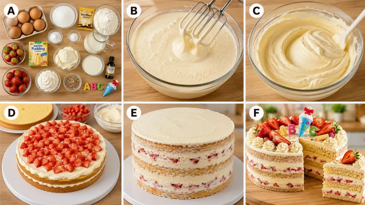 Torte Schulanfang Schritt für Schritt mit Vanillebiskuit und Mascarpone-Vanillecreme