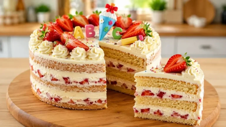 Torte Schulanfang mit Mascarpone-Vanillecreme und Erdbeeren als Naked Cake