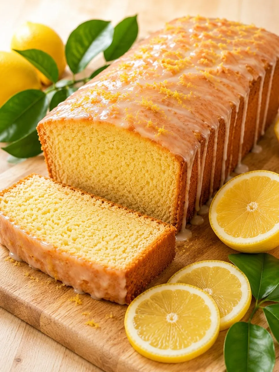 Hausgemachter veganer Zitronenkuchen mit glänzender Zitronenglasur.