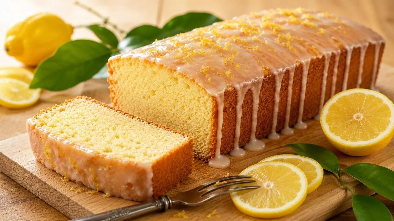 Angeschnittener veganer Zitronenkuchen mit Zitronenglasur und saftiger Krume.