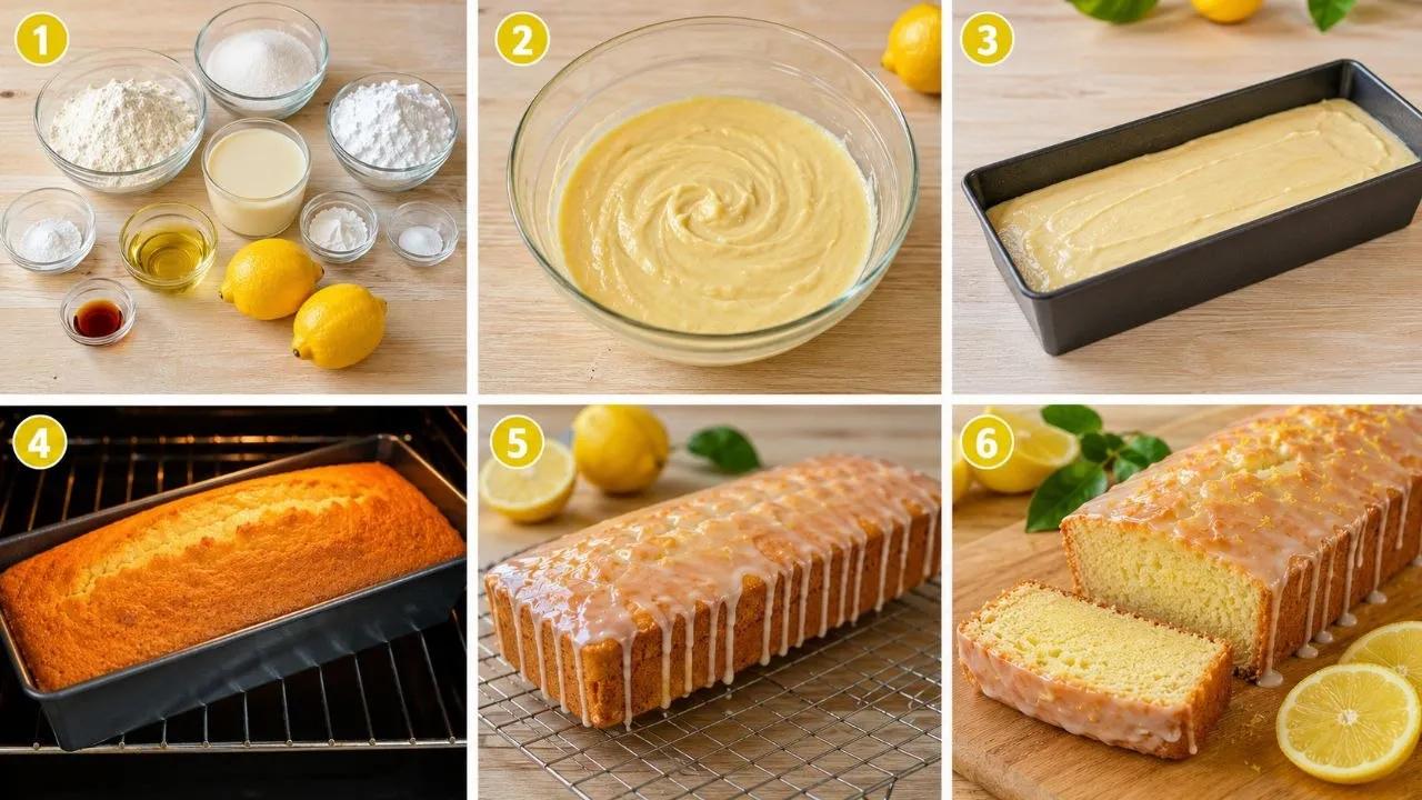 Schritt-für-Schritt Zubereitung für einen veganen Zitronenkuchen.