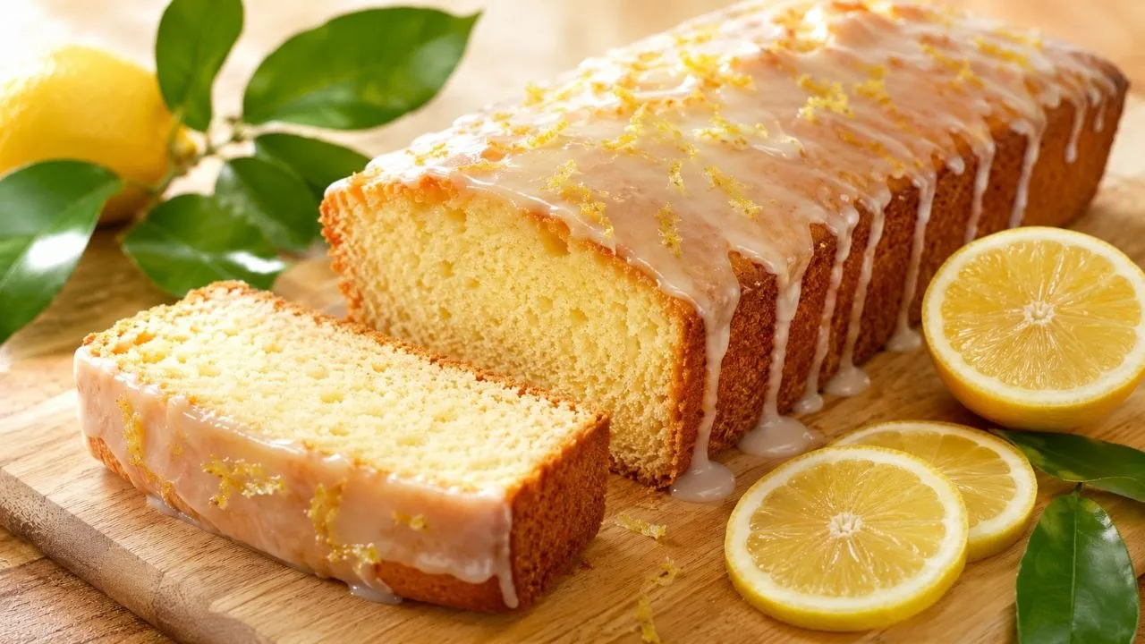 Veganer Zitronenkuchen mit glänzender Zitronenglasur und saftiger lockerer Krume.