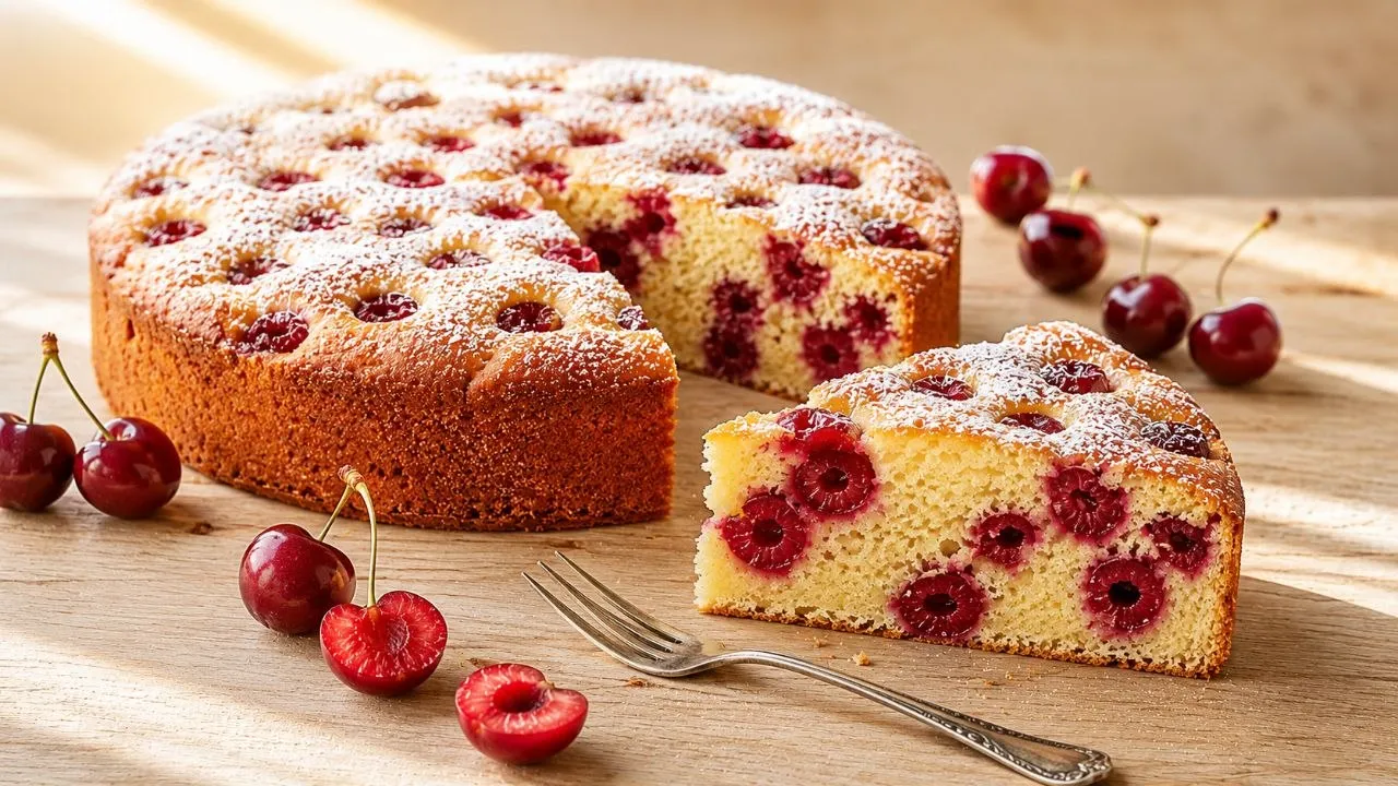 Angeschnittener Versunkener Kirschkuchen mit saftigen Kirschen und lockerem Rührteig