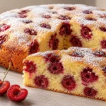 Versunkener Kirschkuchen mit lockerem Rührteig und saftigen eingesunkenen Kirschen