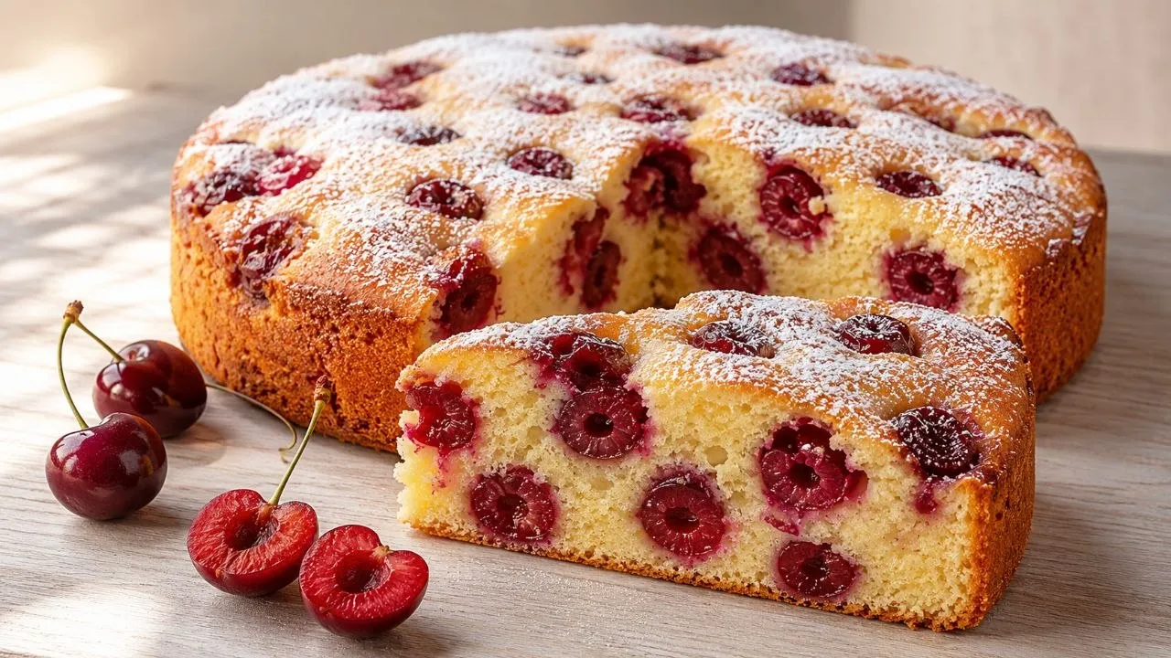 Versunkener Kirschkuchen mit lockerem Rührteig und saftigen eingesunkenen Kirschen