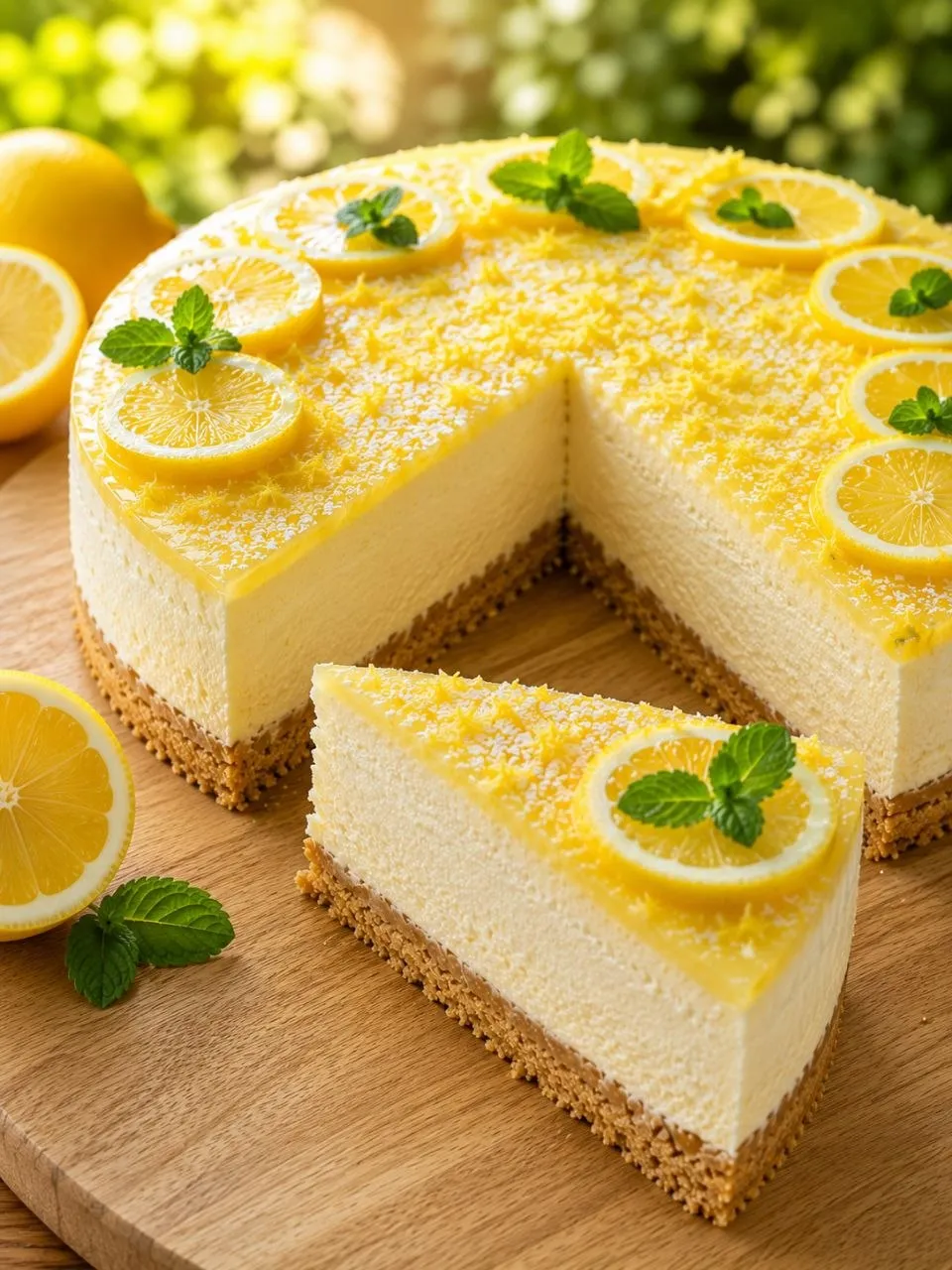 Hausgemachte Zitronen Joghurt Torte mit cremiger Joghurt-Zitronen-Füllung und Butterkeksboden.