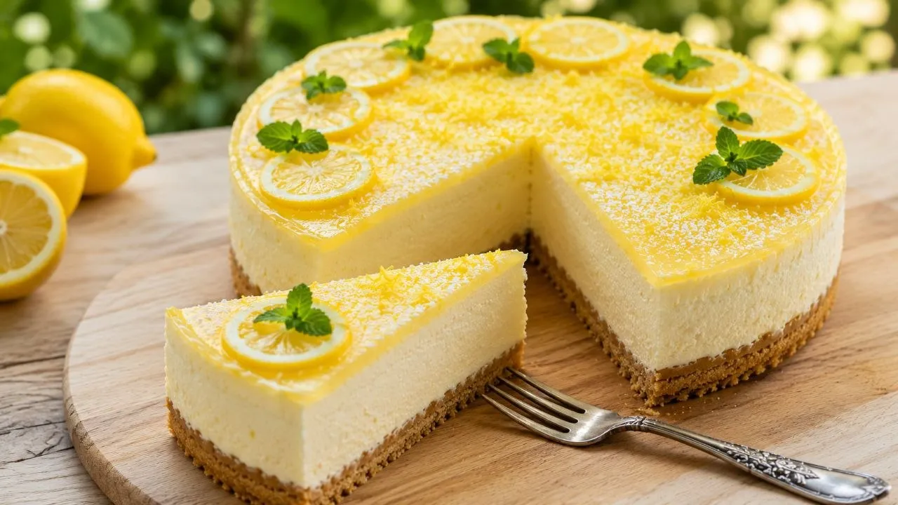 Angeschnittene Zitronen Joghurt Torte mit cremiger Joghurtfüllung und Bio-Zitronenscheiben.