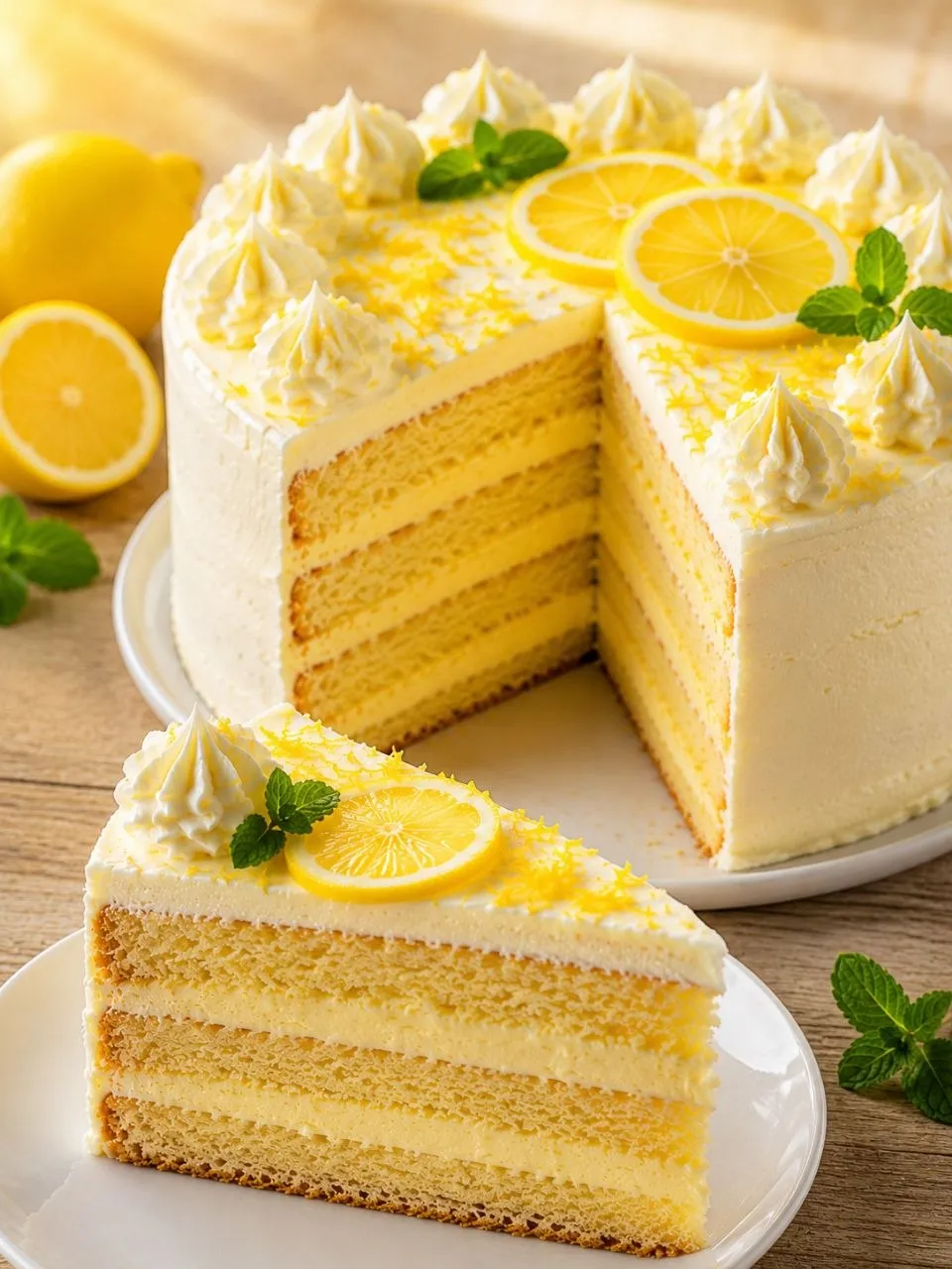Hausgemachte Zitronen Torte mit luftigem Biskuit und cremiger Zitronen-Sahnefüllung.