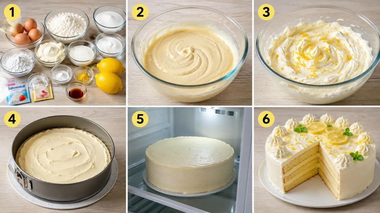 Schritt-für-Schritt Zubereitung einer Zitronen Torte mit Biskuitboden und Zitronen-Sahnecreme.