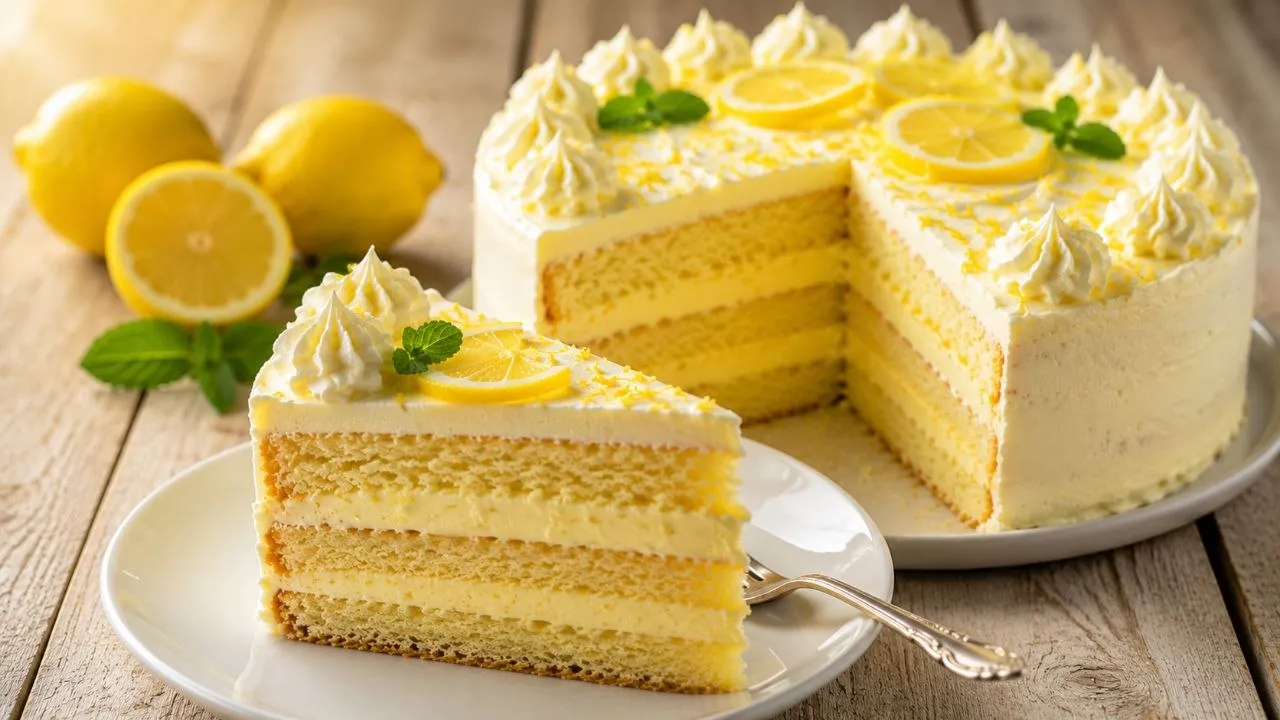 Angeschnittene Zitronen Torte mit cremiger Zitronen-Sahnefüllung und luftigem Biskuit.